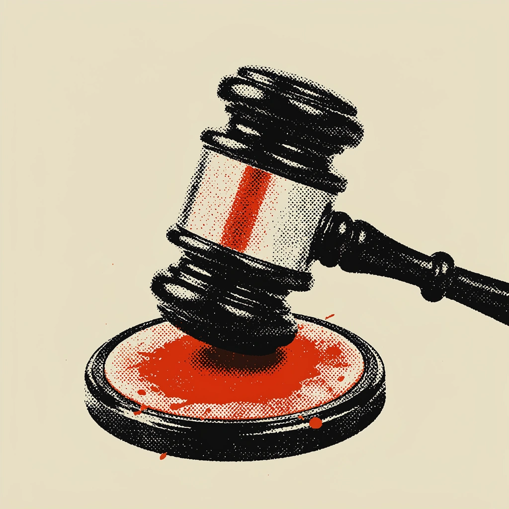 Risograph illustration of a gavel with an oil barrel handle slamming onto a stamp pad