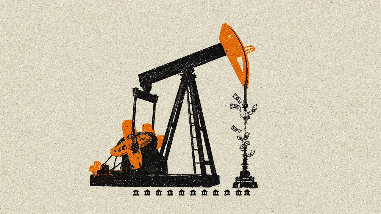 Risograph poster: an oil pumpjack pouring dollar bills into a bank vault, split between oil money and public finance
