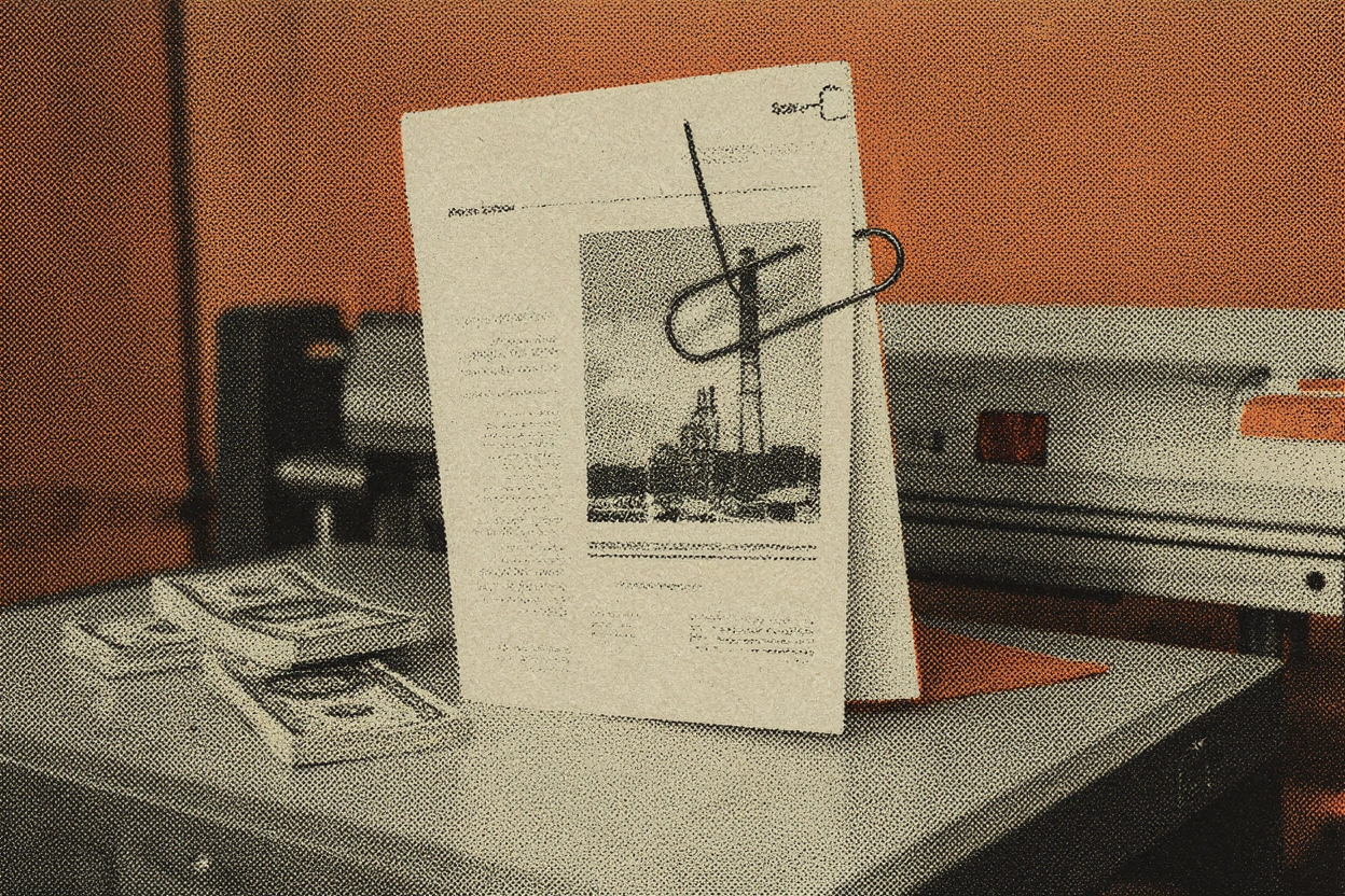 Risograph still life of an investigative report cover with a paperclip and stacks of banknotes