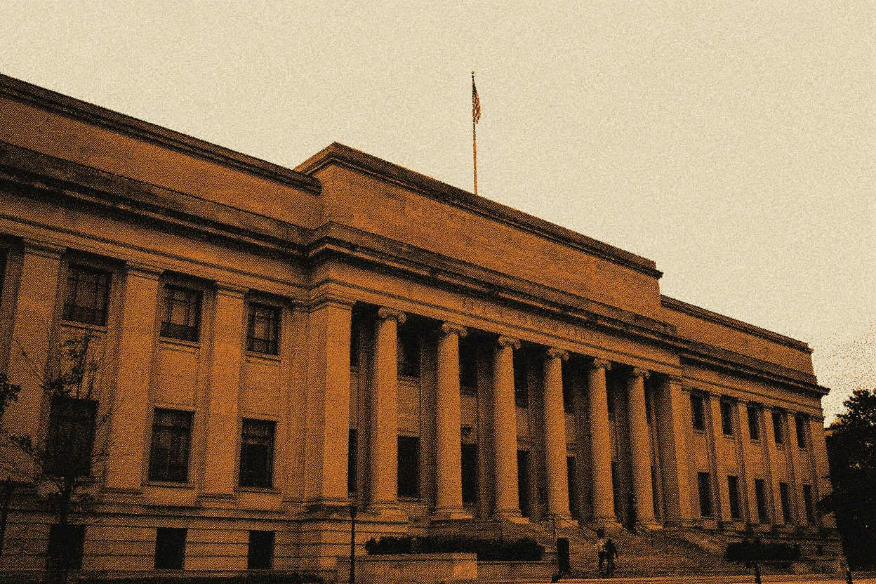The neoclassical World Bank headquarters in Washington, risograph orange and black duotone